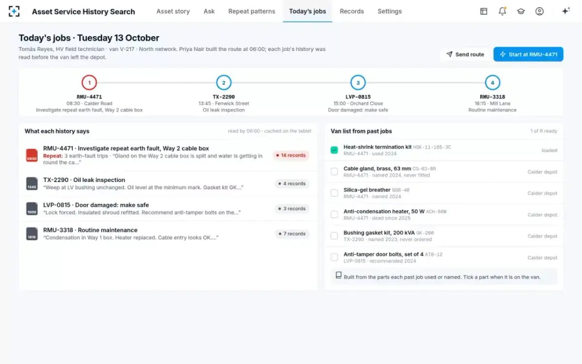 Asset Service History Search — Today's jobs