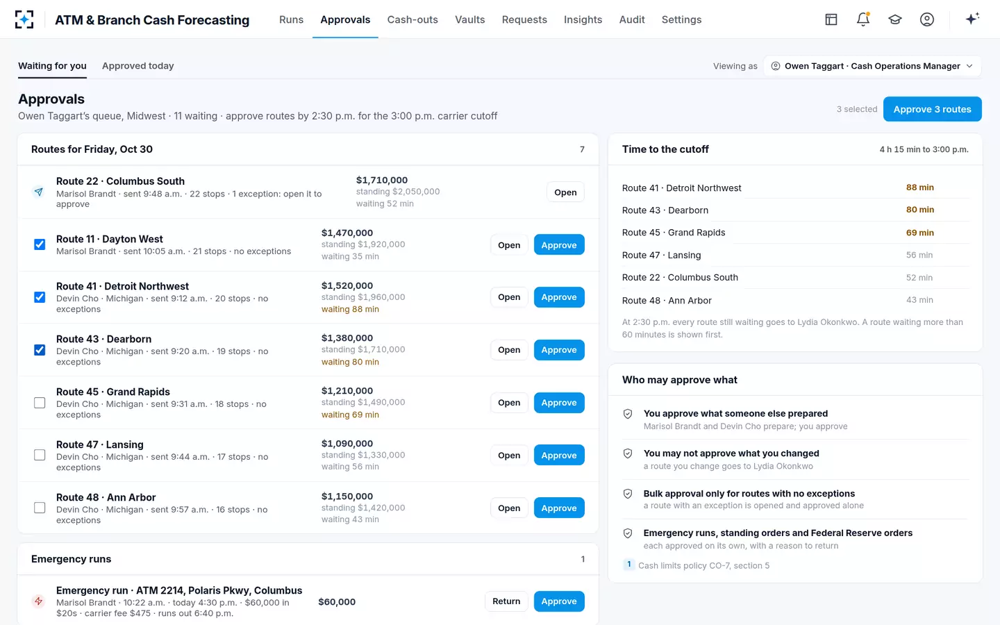 ATM & Branch Cash Forecasting — The approvals queue