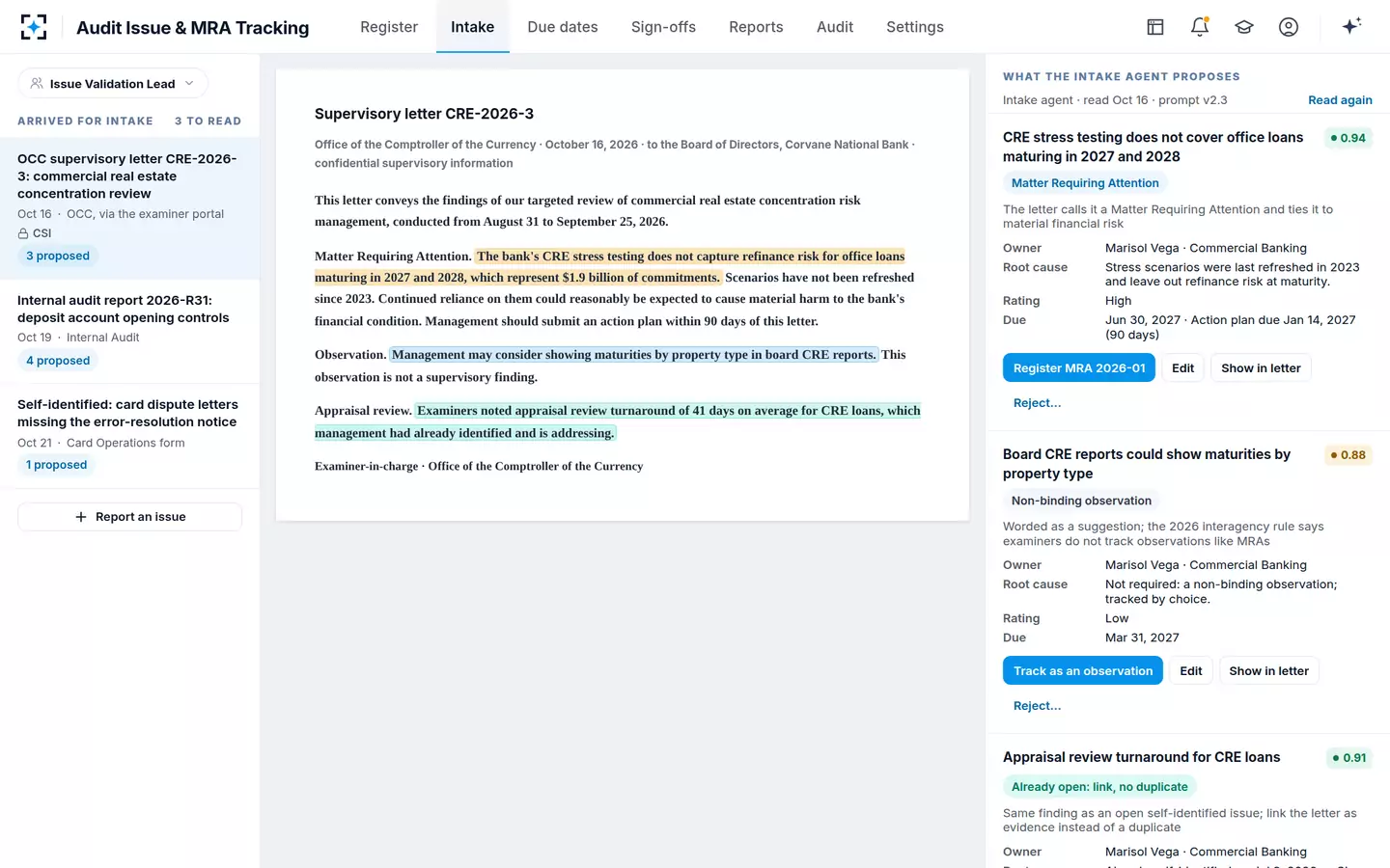 Audit Issue & MRA Tracking — An exam letter read into proposed issues