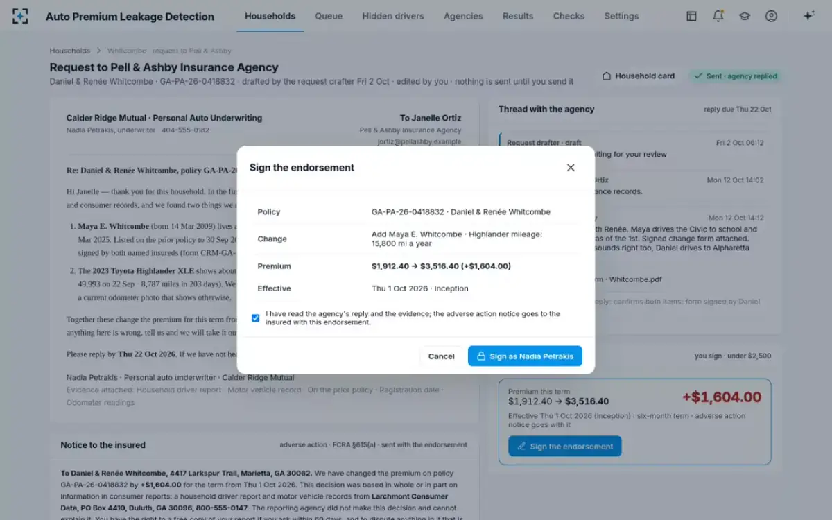 Auto Premium Leakage Detection — Signing the endorsement