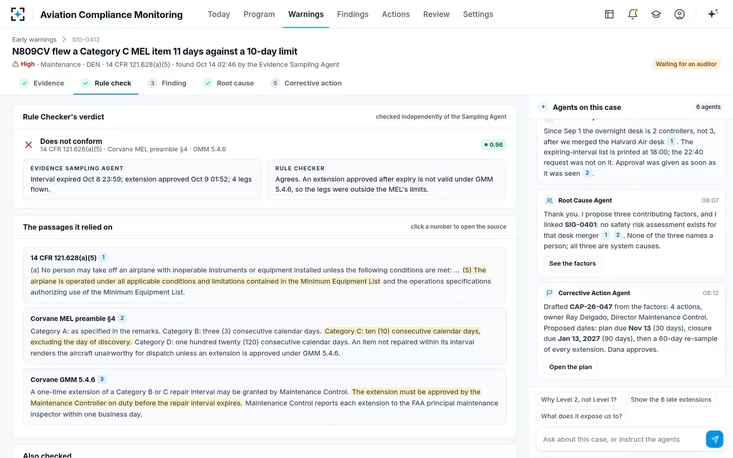 Aviation Compliance Monitoring — Rule check with cited passages