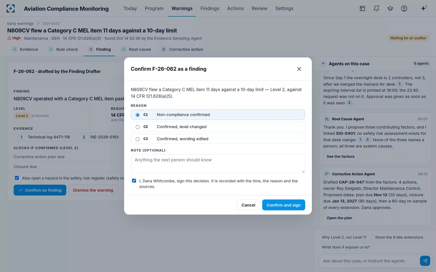 Aviation Compliance Monitoring — Confirm and sign a finding