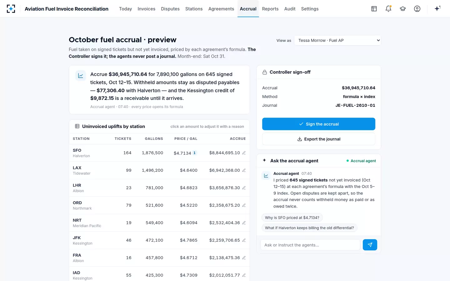 Aviation Fuel Invoice Reconciliation — Month-end fuel accrual