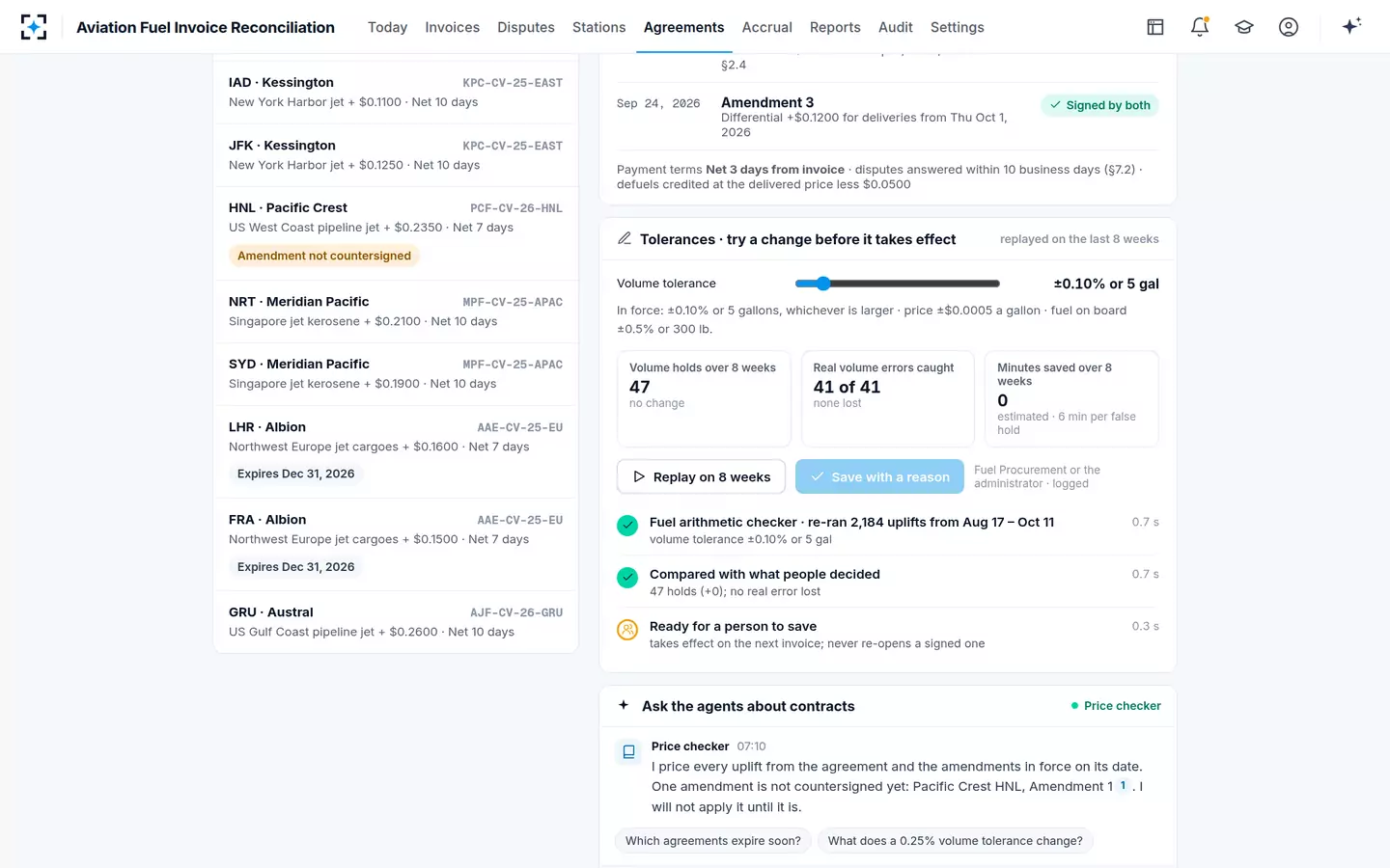 Aviation Fuel Invoice Reconciliation — Fuel agreements and tolerances