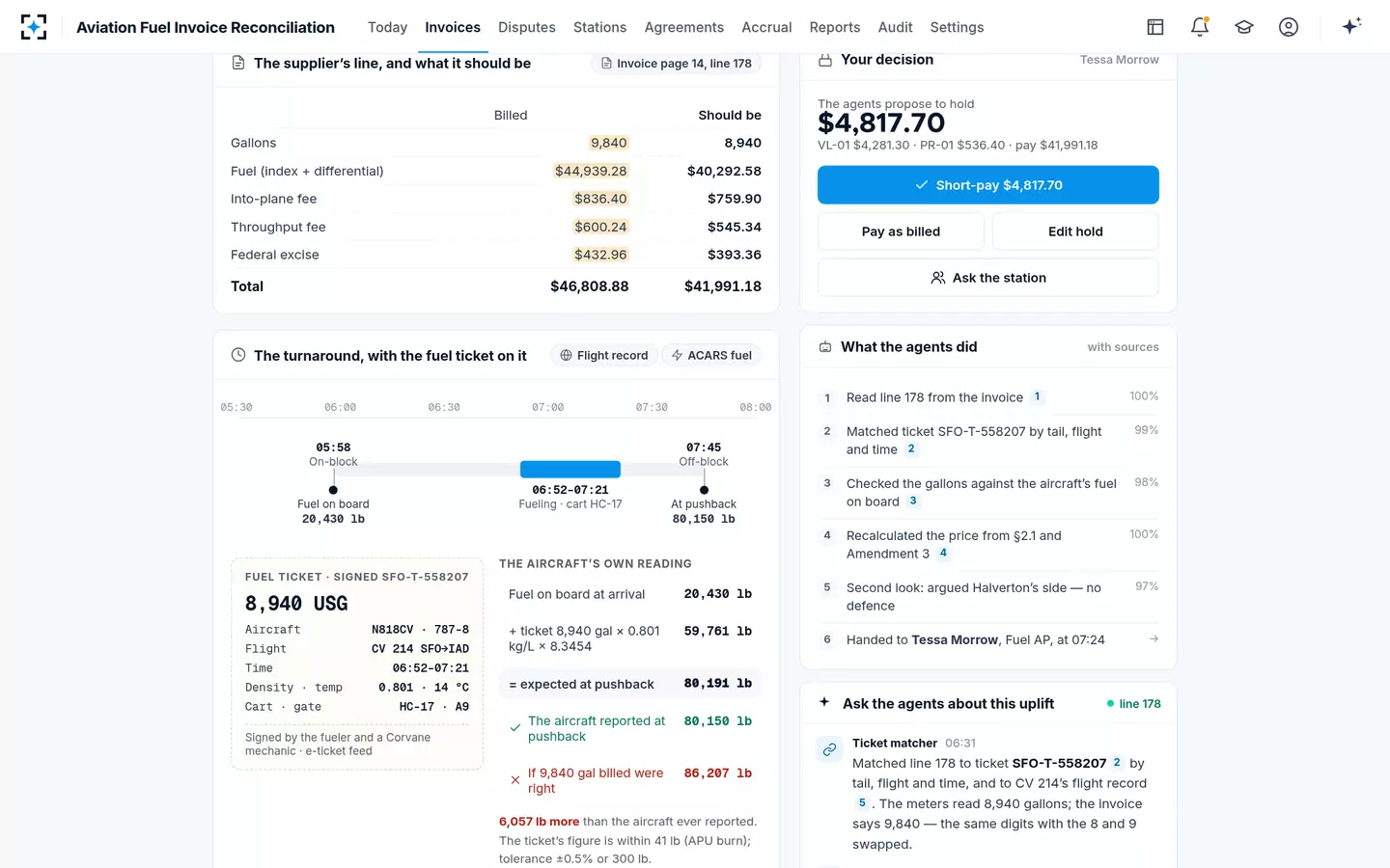 Aviation Fuel Invoice Reconciliation — The aircraft's own fuel reading
