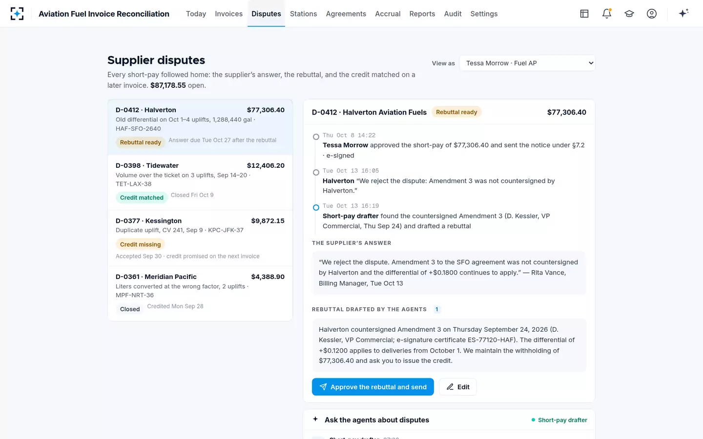 Aviation Fuel Invoice Reconciliation — Supplier disputes to credit