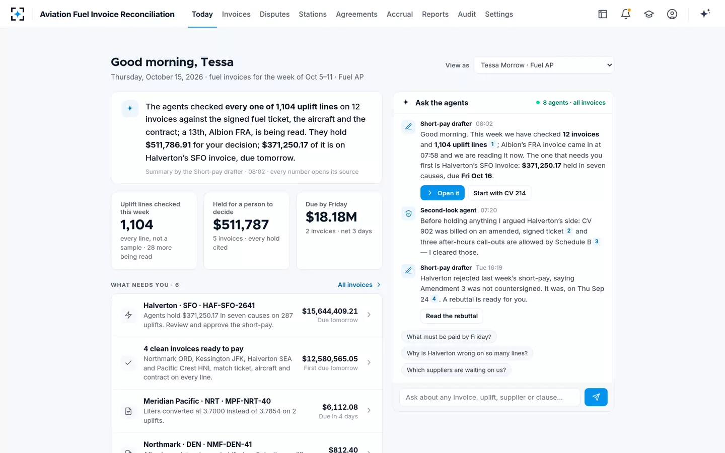 Aviation Fuel Invoice Reconciliation — Today, with the agents