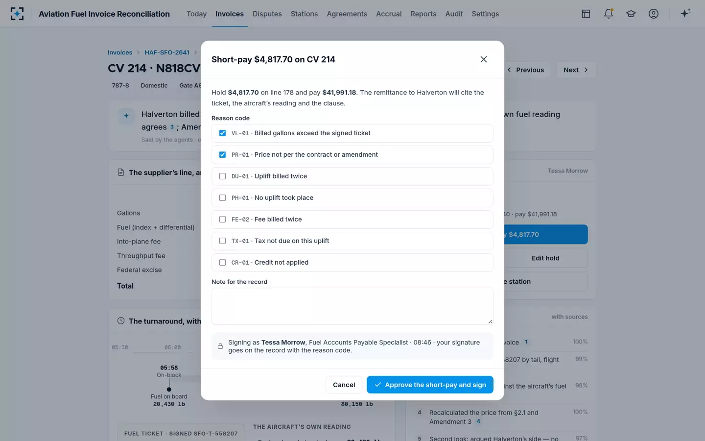 Aviation Fuel Invoice Reconciliation — Short-pay with a reason code