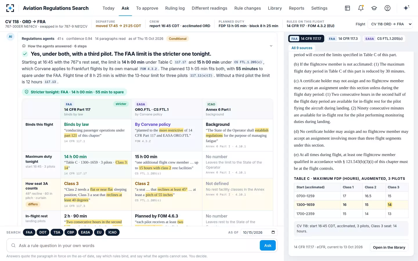 Aviation Regulations Search — A quoted answer for one flight