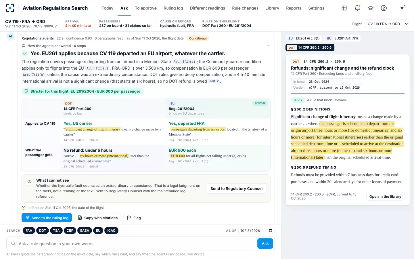 Aviation Regulations Search — EU261 and DOT side by side