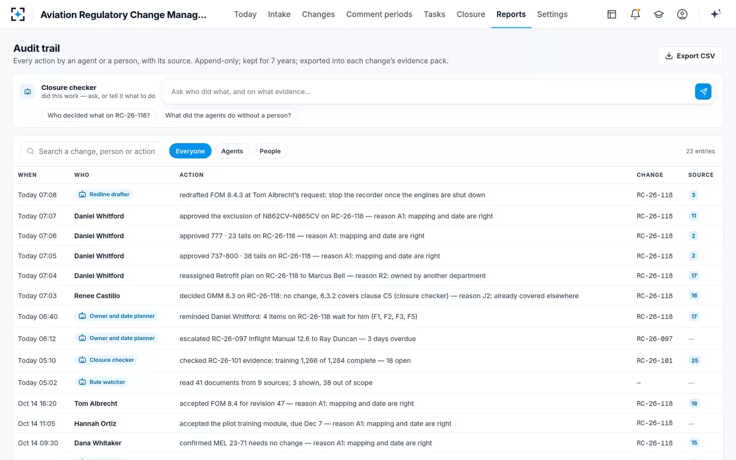 Aviation Regulatory Change Management — Audit trail