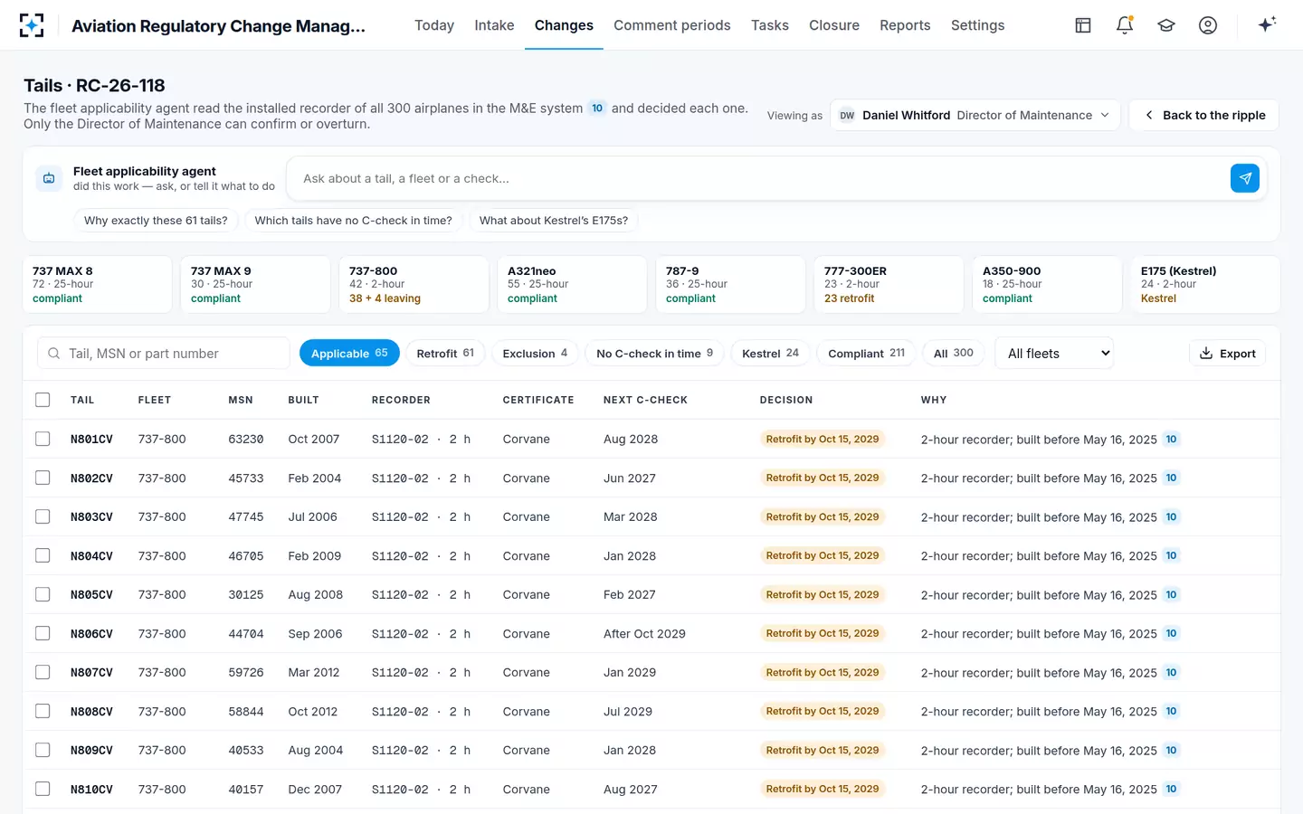 Aviation Regulatory Change Management — Fleet applicability, tail by tail