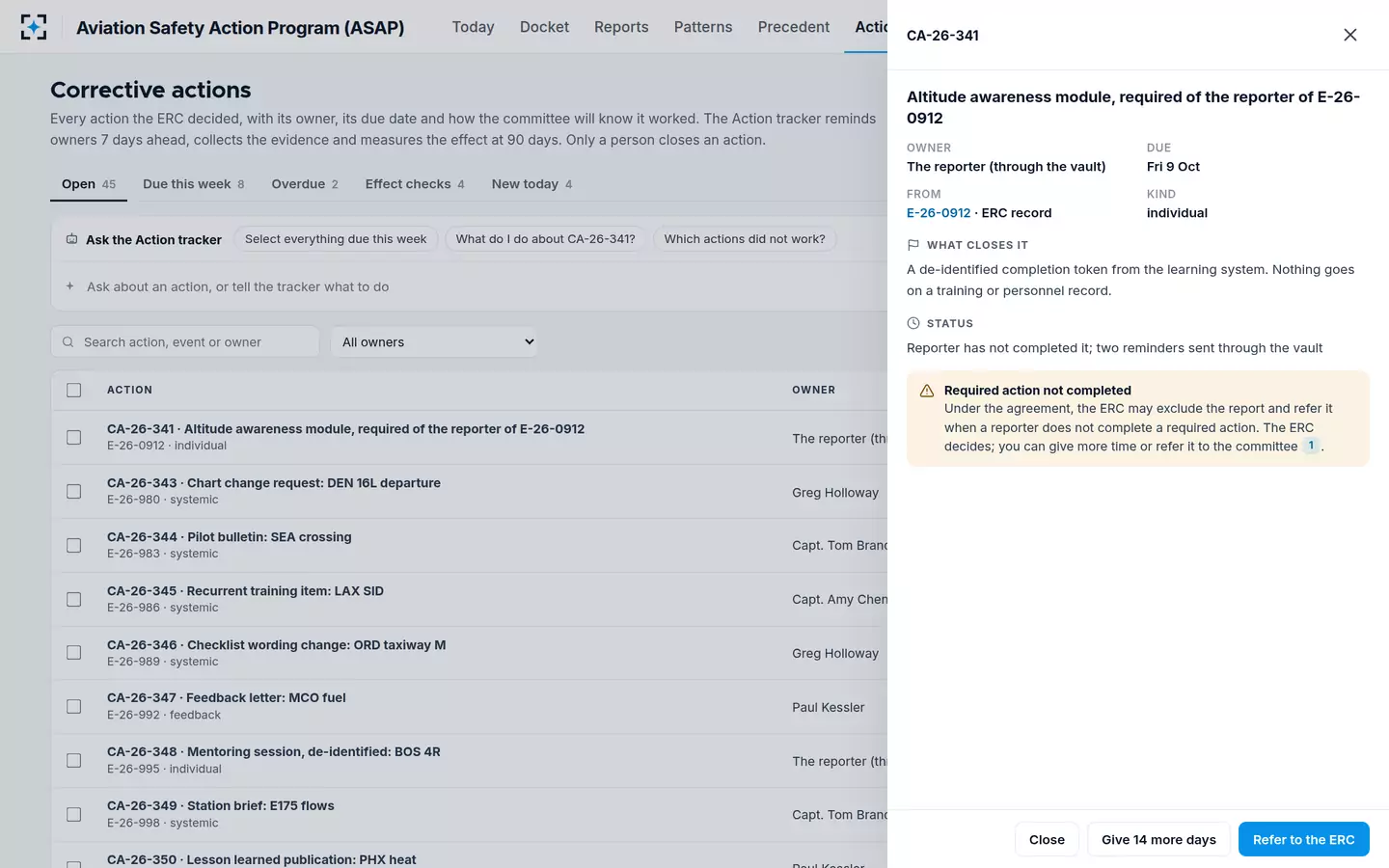 Aviation Safety Action Program (ASAP) — Corrective action tracking
