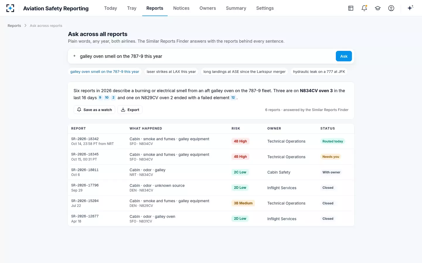 Aviation Safety Reporting — Ask across all reports
