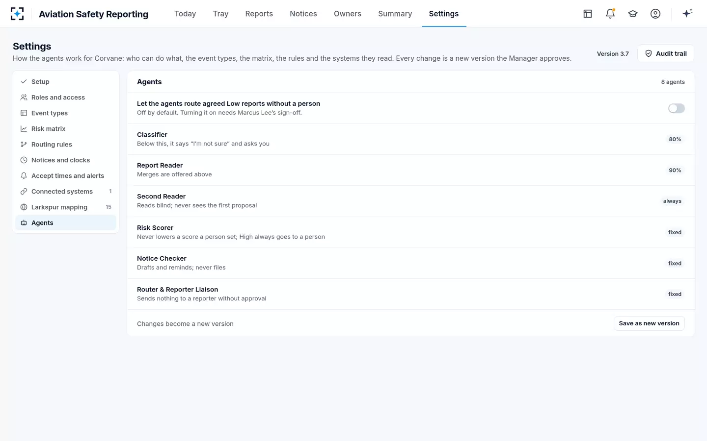 Aviation Safety Reporting — Agent settings