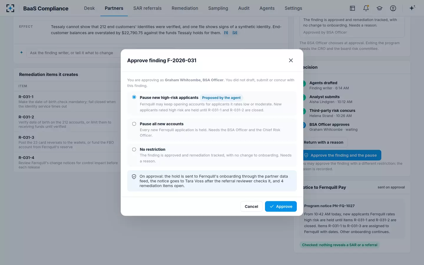 BaaS Compliance — The BSA Officer approves