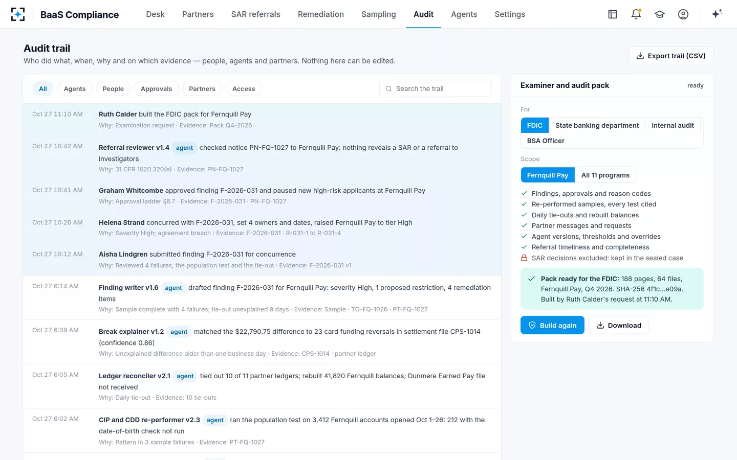BaaS Compliance — Audit trail and examiner pack