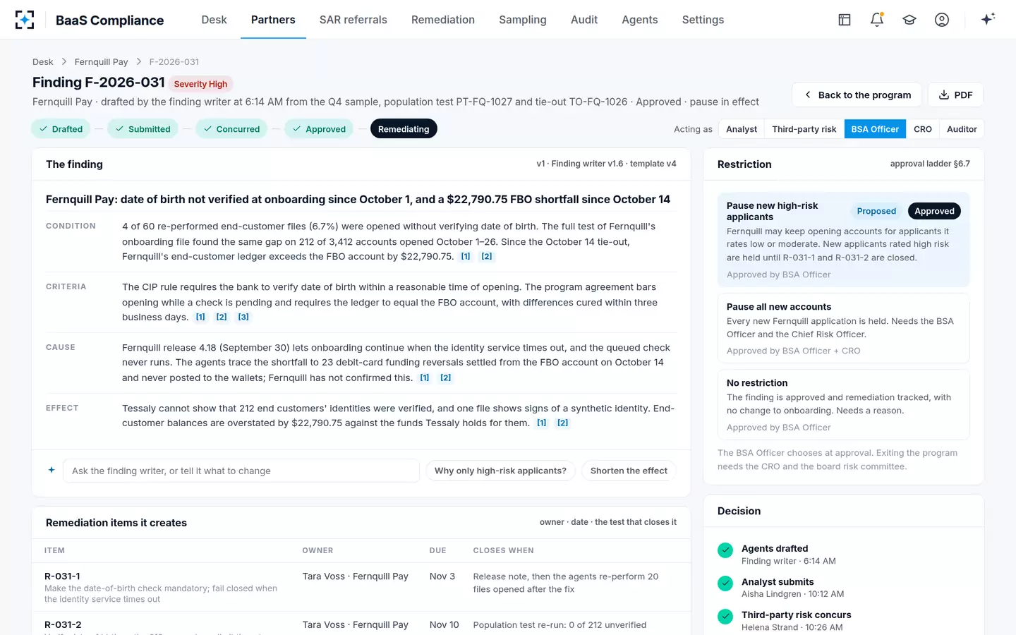 BaaS Compliance — Approved, pause in effect