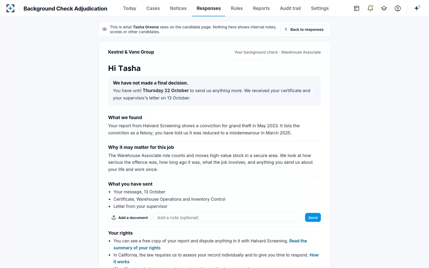 Background Check Adjudication — The candidate's page