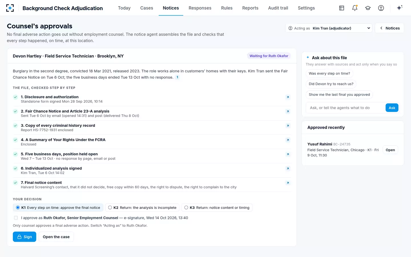 Background Check Adjudication — Counsel's approvals