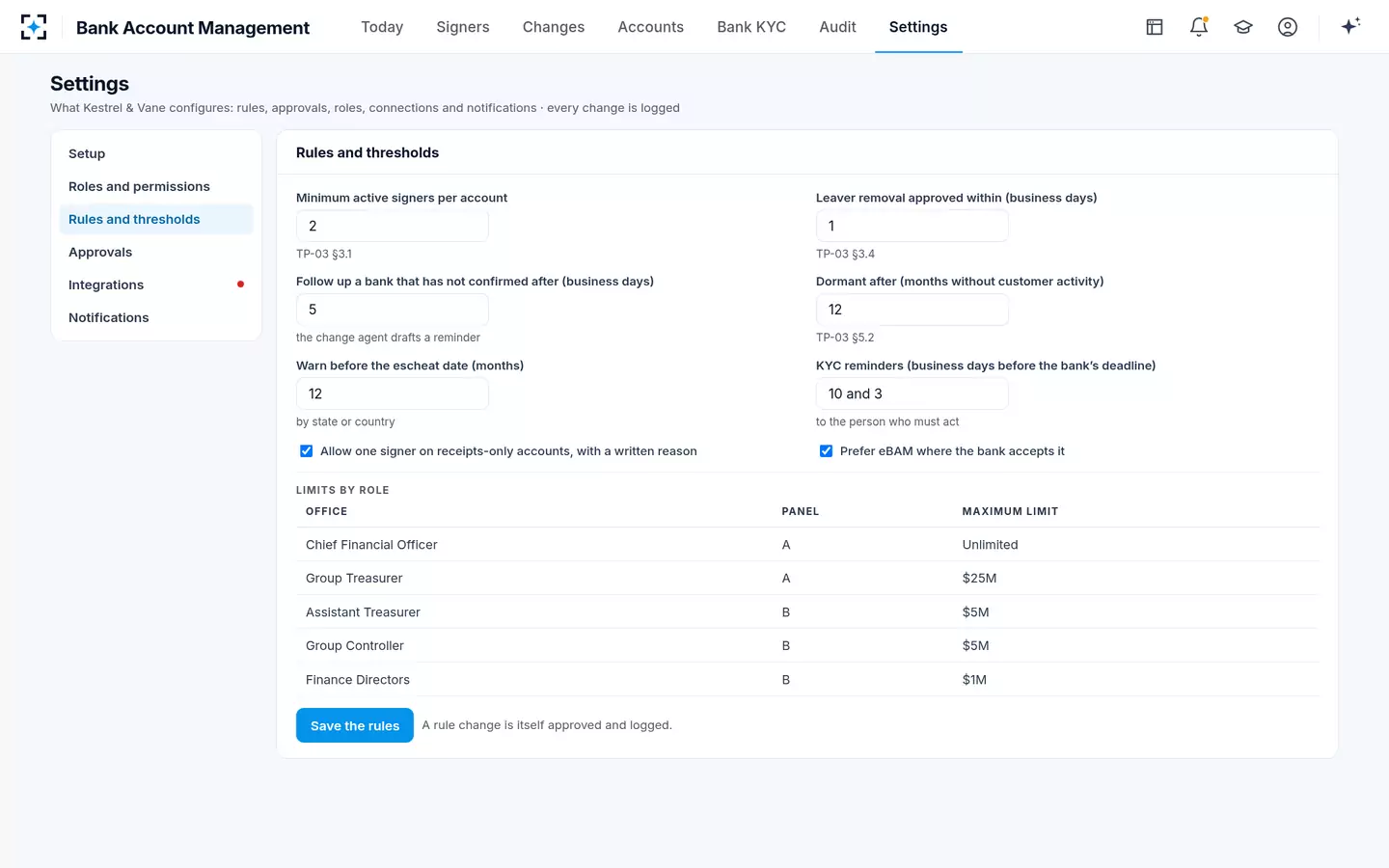 Bank Account Management — Your rules