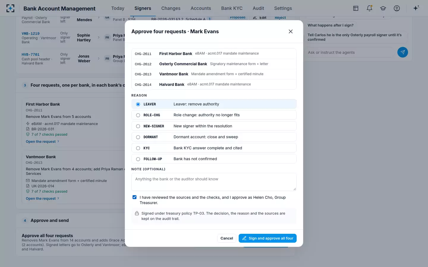 Bank Account Management — Approve and sign