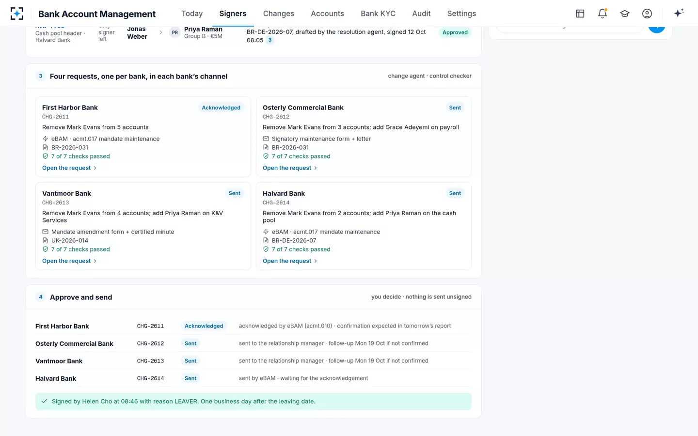 Bank Account Management — Sent and tracked