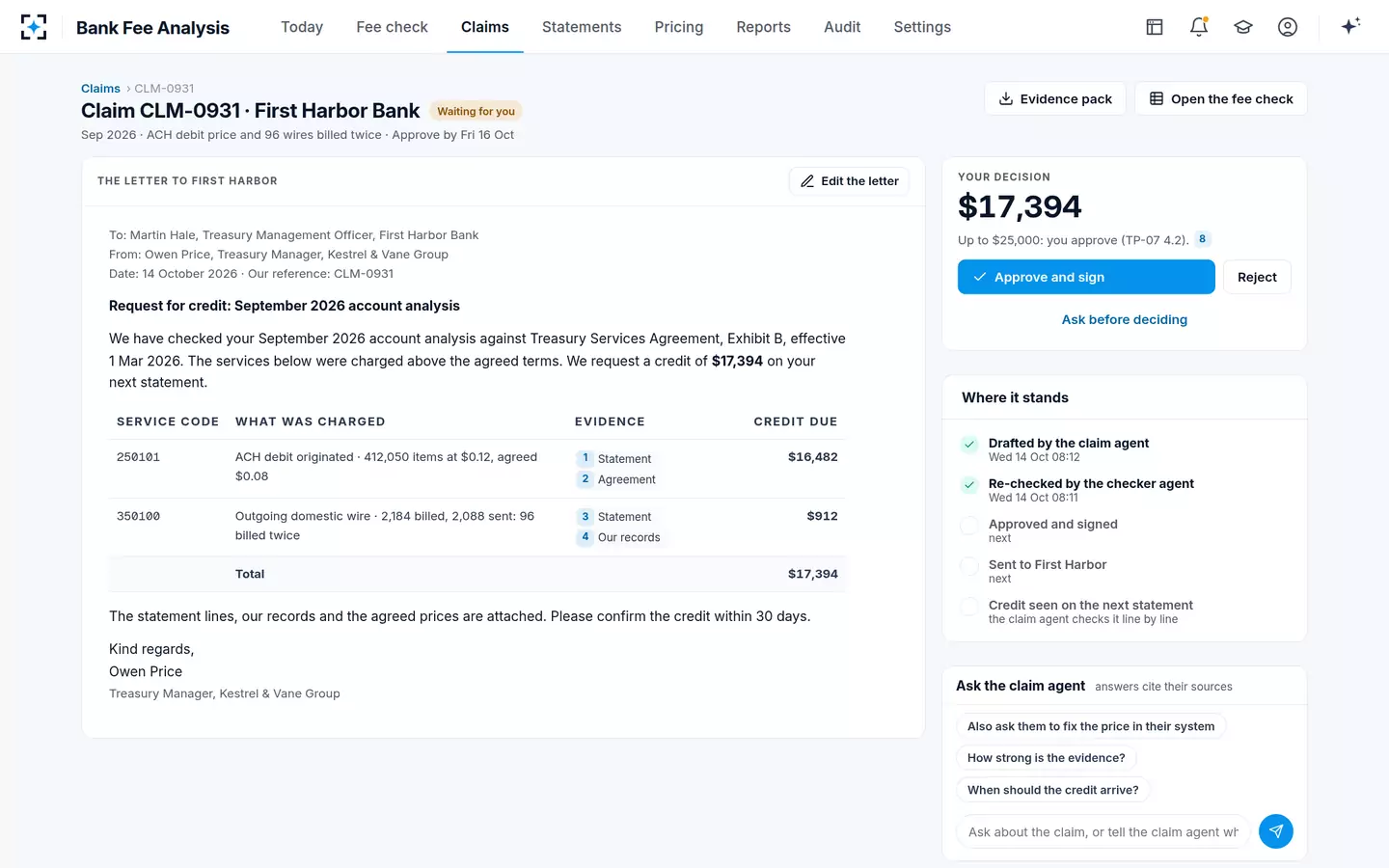 Bank Fee Analysis — The claim letter
