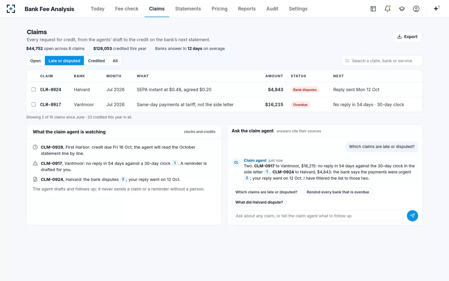 Bank Fee Analysis — Claims and their clocks