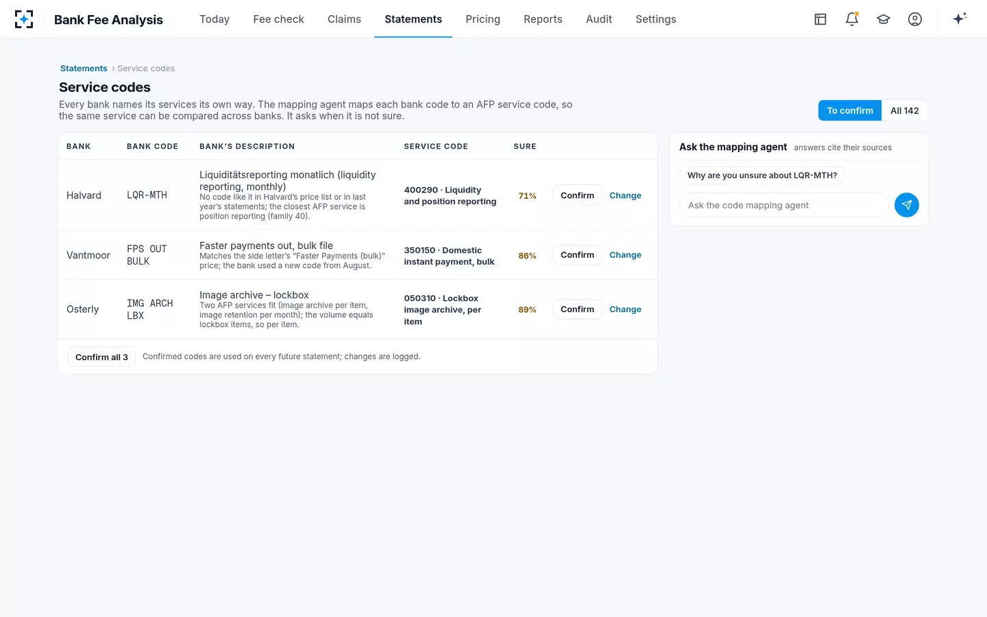 Bank Fee Analysis — Service codes to confirm