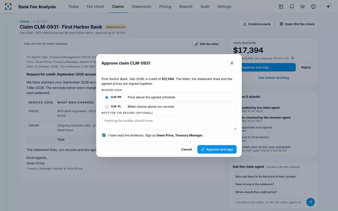 Bank Fee Analysis — Approve and sign