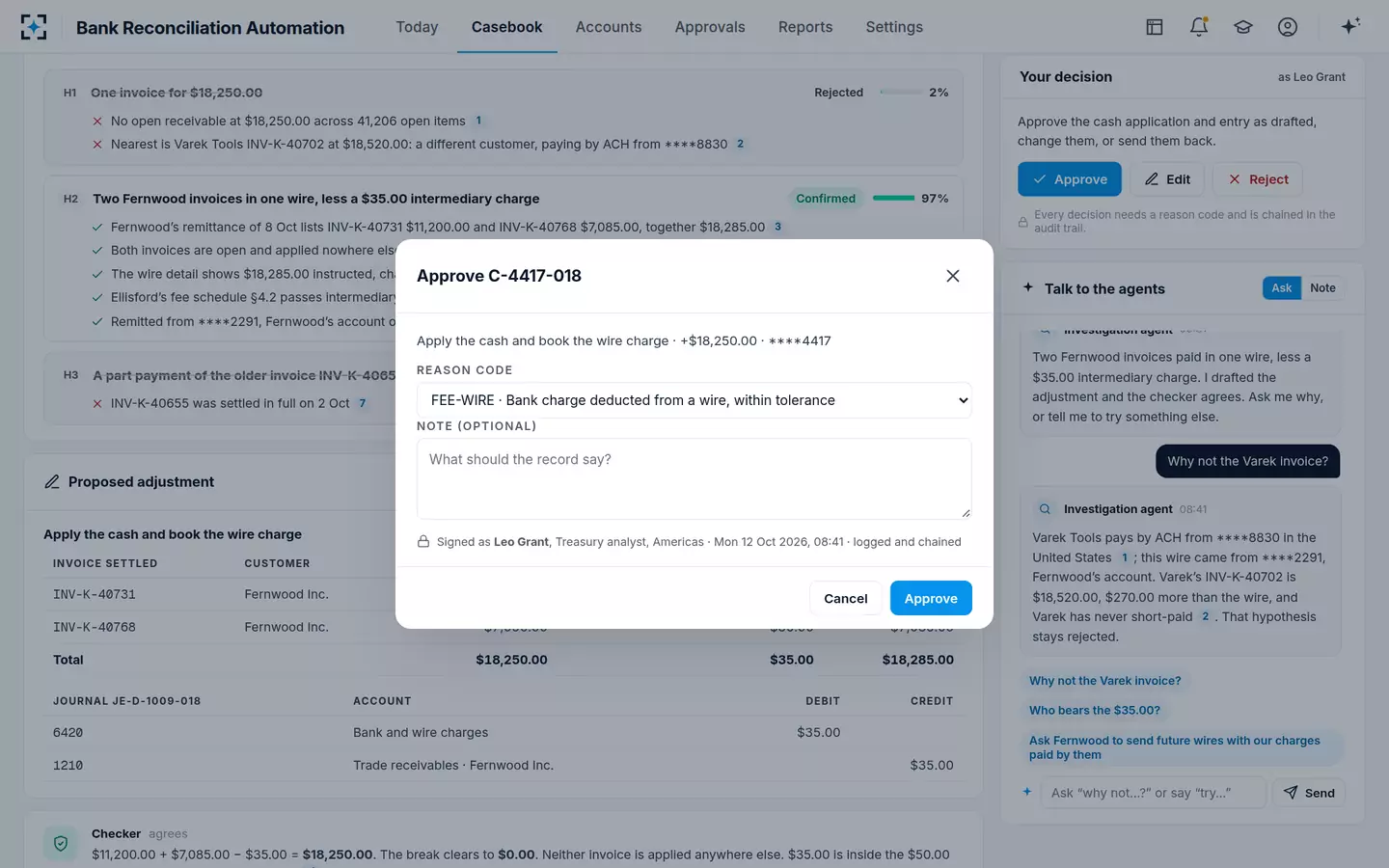 Bank Reconciliation Automation — Approve with a reason code