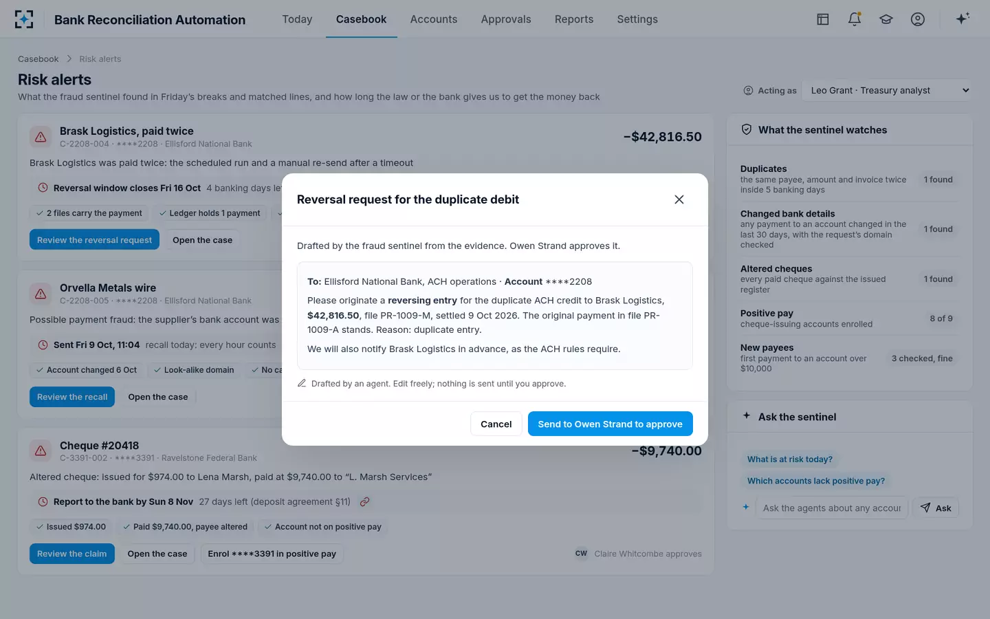 Bank Reconciliation Automation — A drafted reversal request