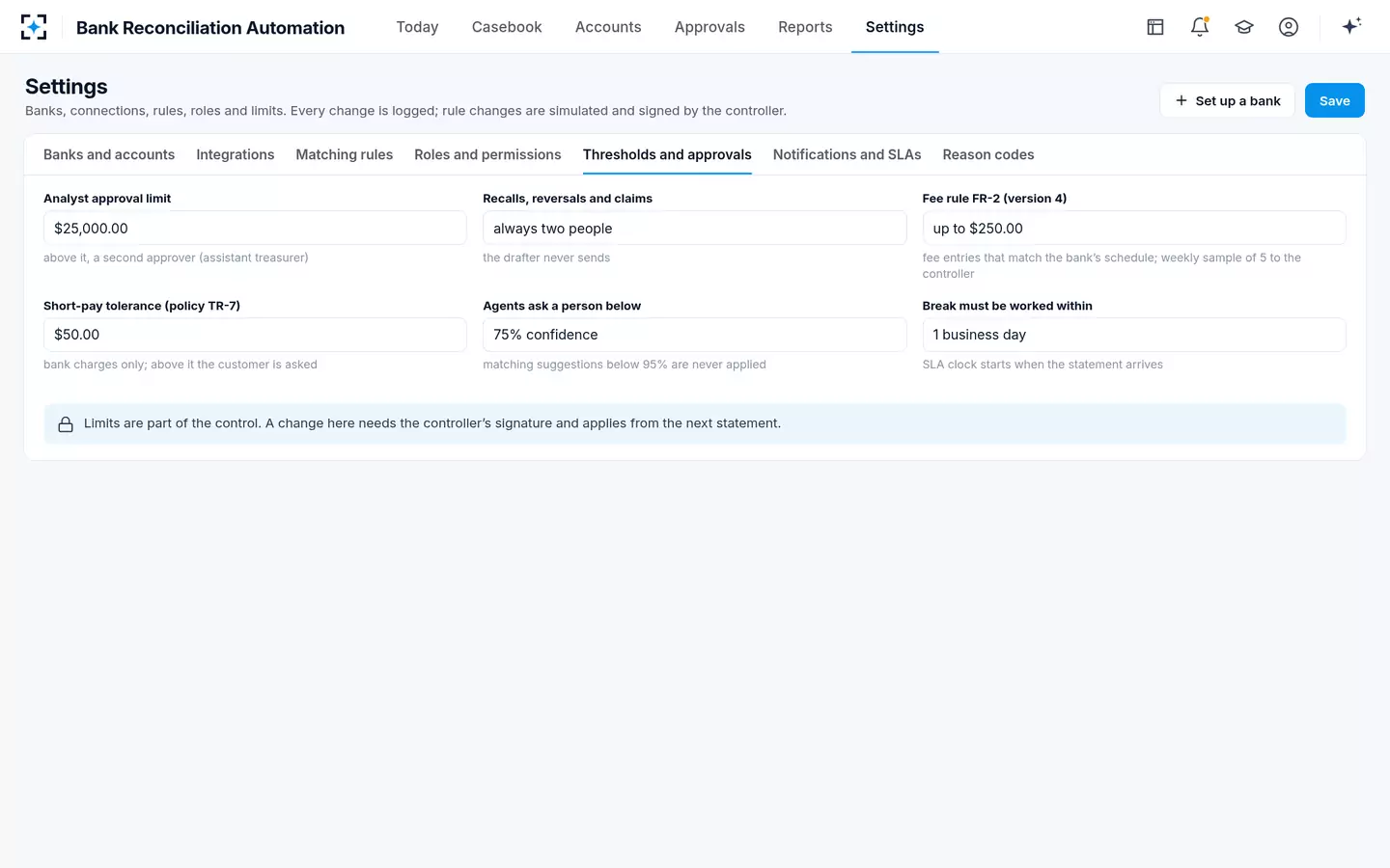Bank Reconciliation Automation — Thresholds and approvals