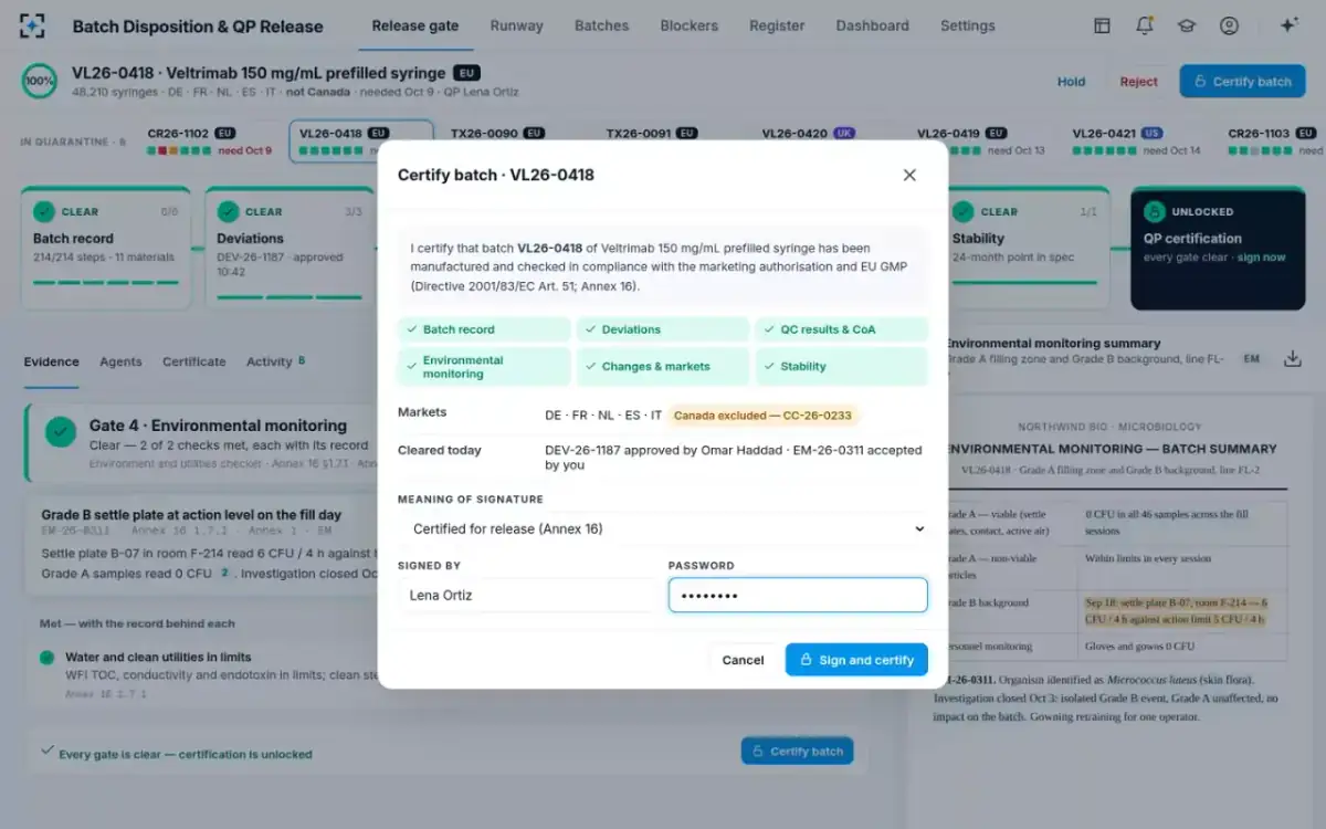 Batch Disposition & QP Release — Certify with an e-signature