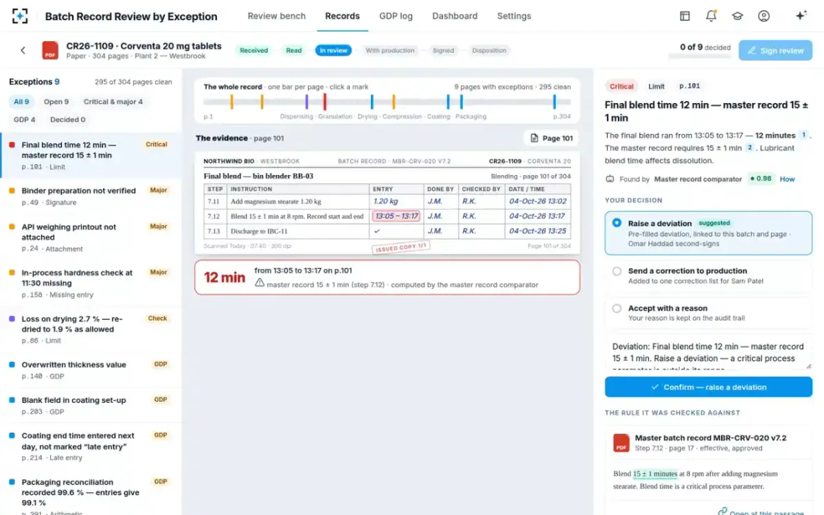 Batch Record Review by Exception — An exception on its page
