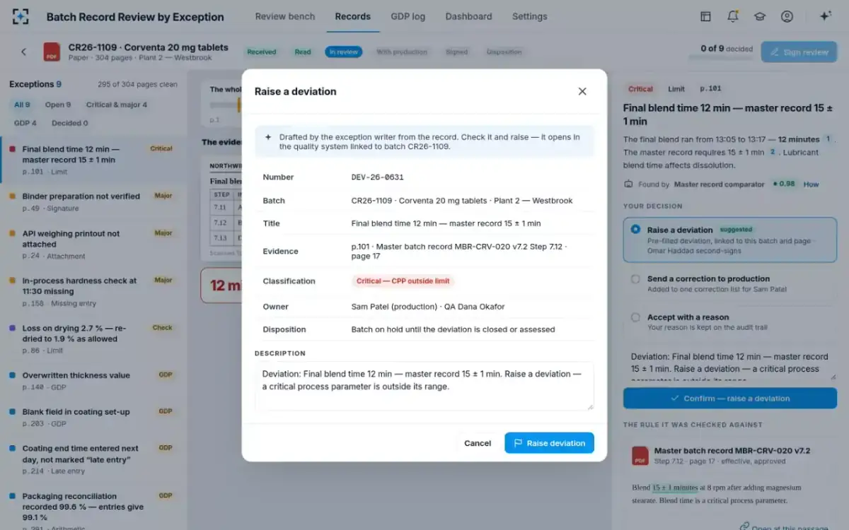 Batch Record Review by Exception — Raise a deviation