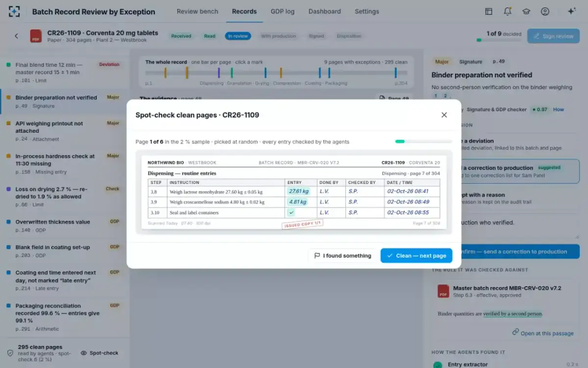 Batch Record Review by Exception — Spot-check of clean pages