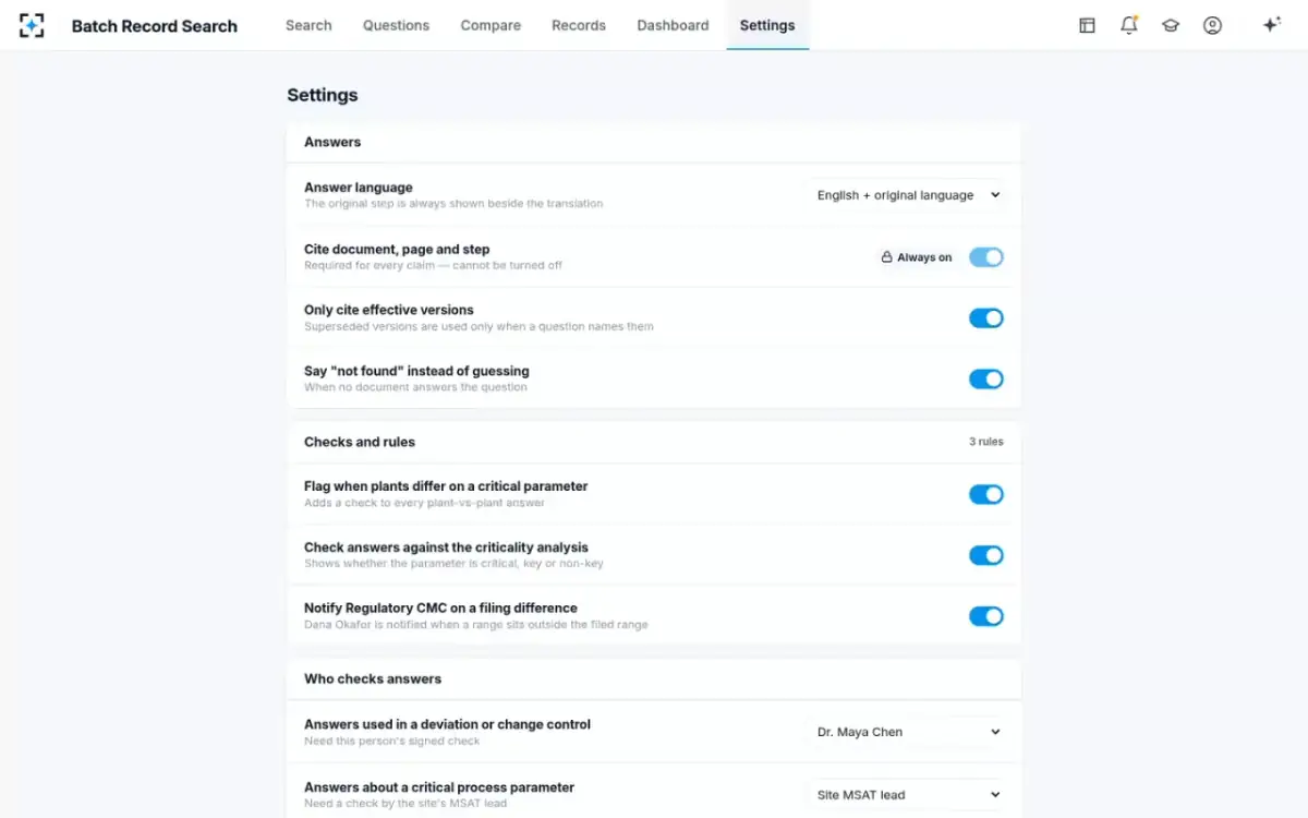 Batch Record Search — Settings