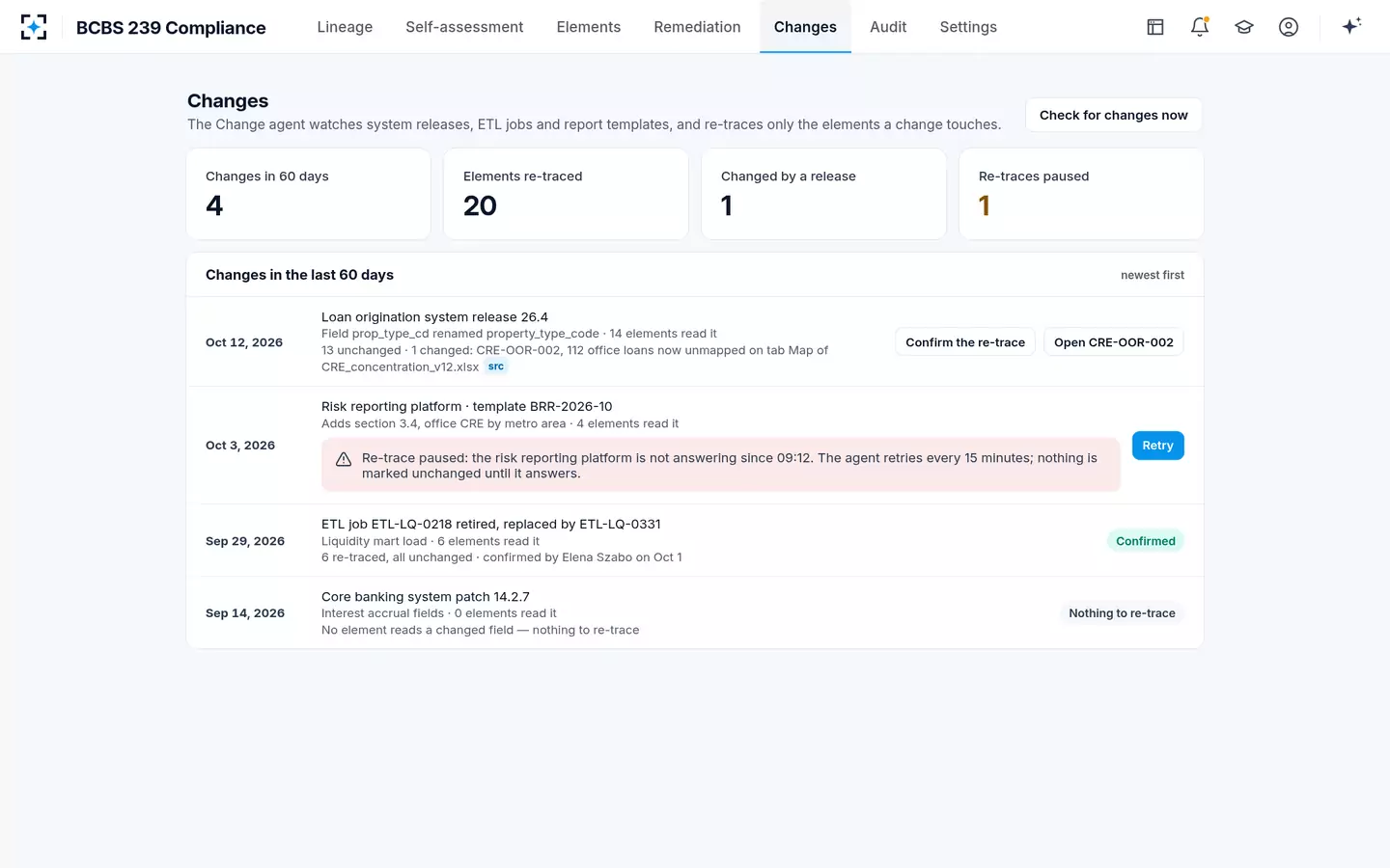 BCBS 239 Compliance — A system change re-traces only what it touches