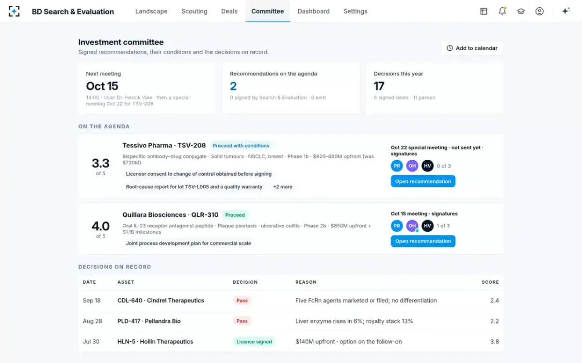 BD Search & Evaluation — Investment committee