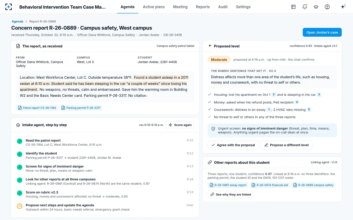 Behavioral Intervention Team Case Management — A student of concern report, scored with the sentence that set its level
