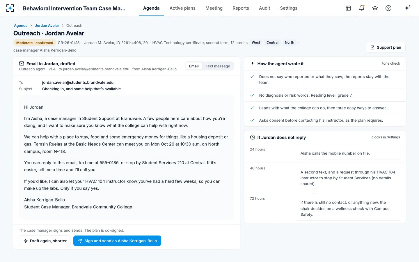 Behavioral Intervention Team Case Management — Outreach in plain, warm words, signed by the case manager