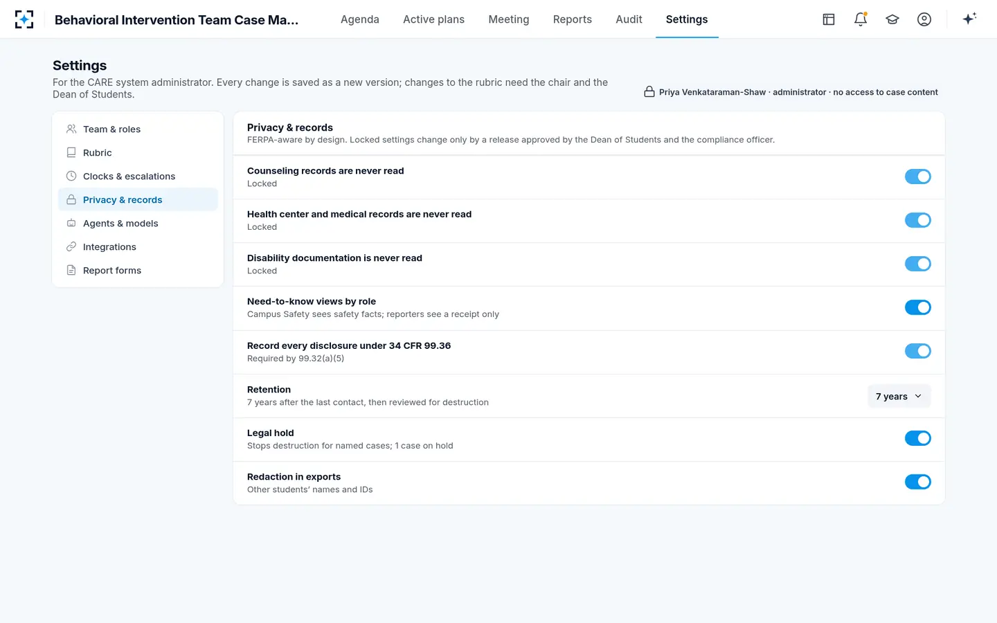 Behavioral Intervention Team Case Management — Privacy and records, locked where it matters