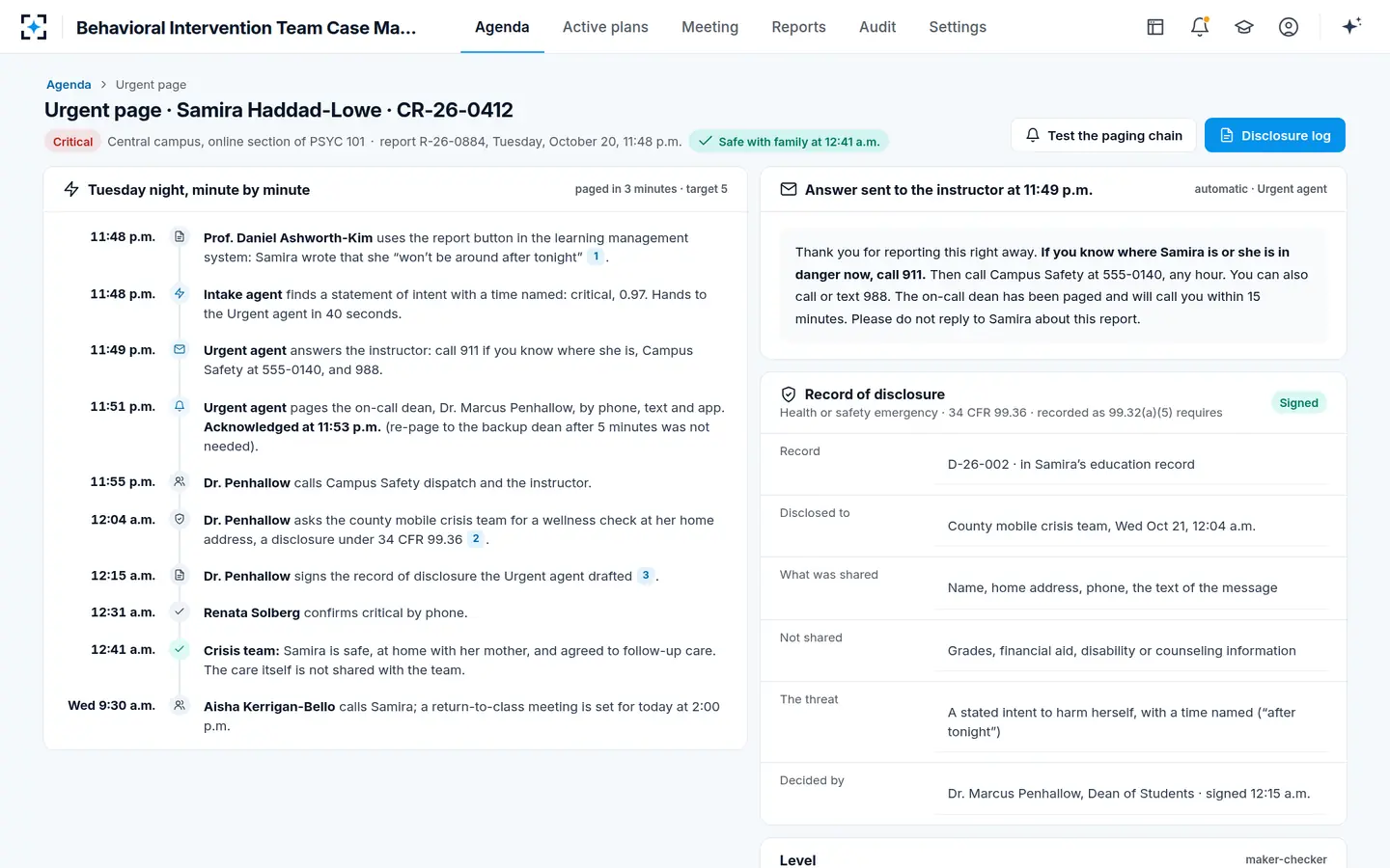 Behavioral Intervention Team Case Management — An urgent report at midnight, handled that night