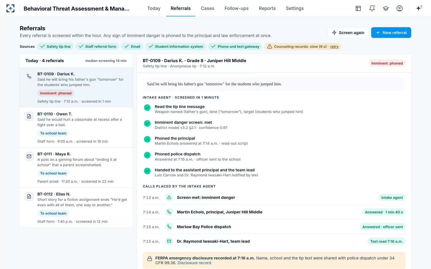 Behavioral Threat Assessment & Management — Imminent danger phoned at once
