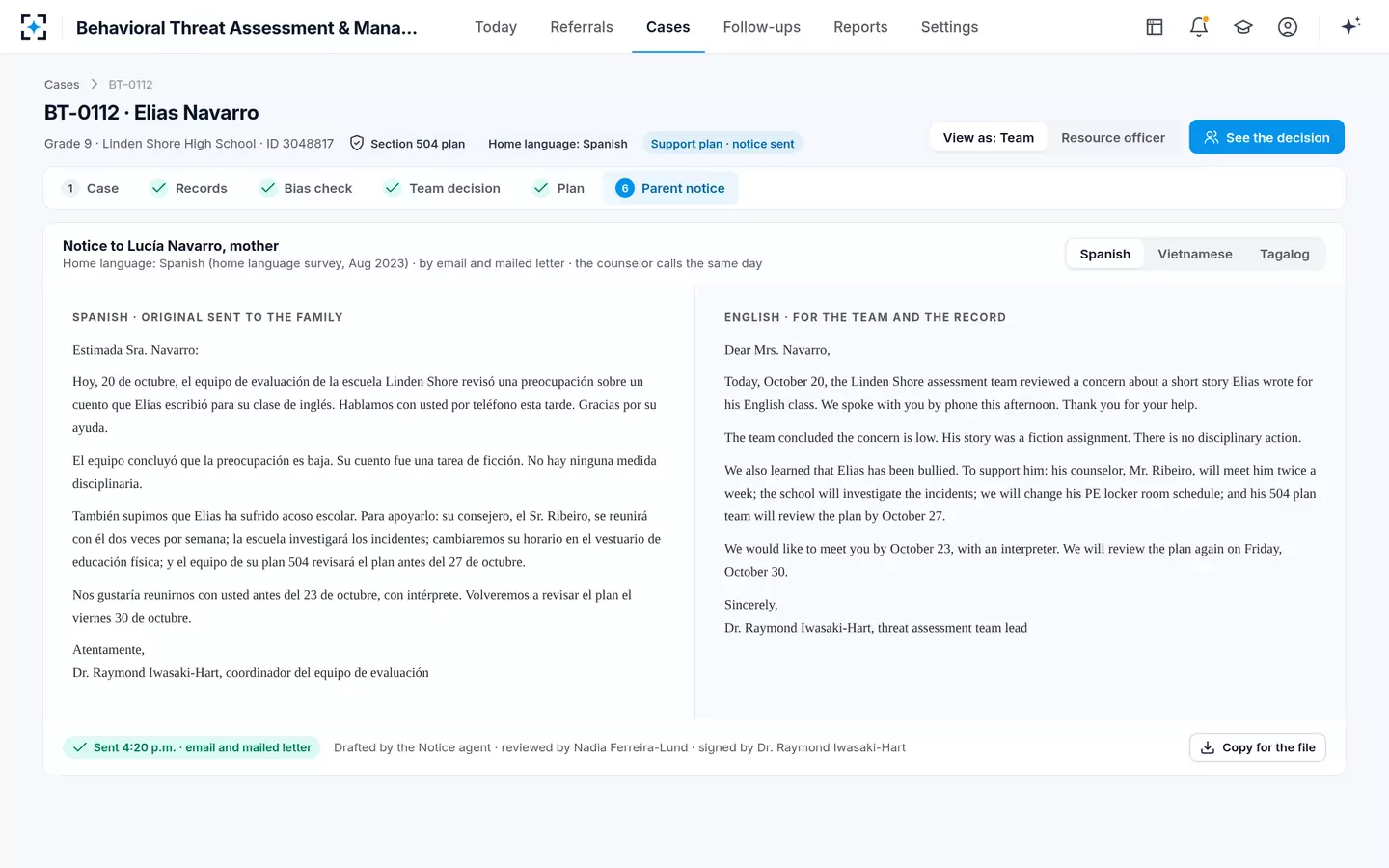 Behavioral Threat Assessment & Management — Parent notice in the home language