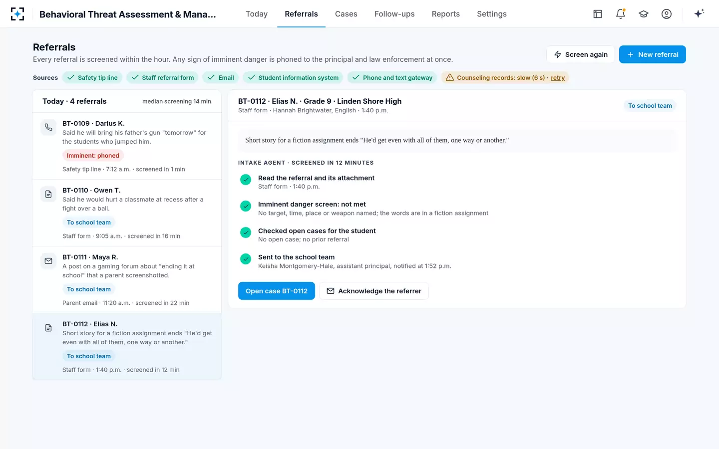 Behavioral Threat Assessment & Management — Every referral screened within the hour