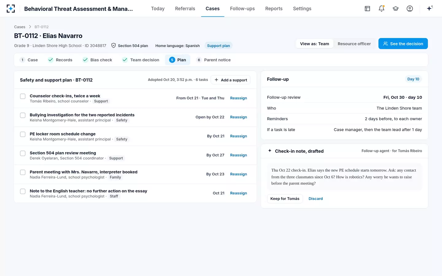 Behavioral Threat Assessment & Management — Safety and support plan