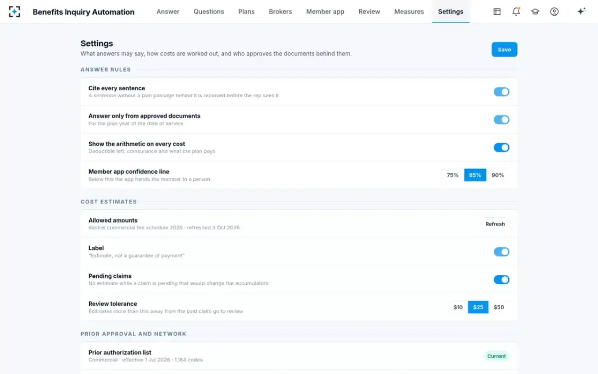 Benefits Inquiry Automation — Settings